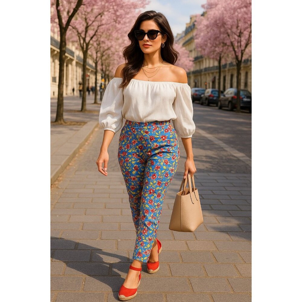 7th Avenue Design Studio Medium Chic Floral Tapered Pants Red Yellow Blue Stretc